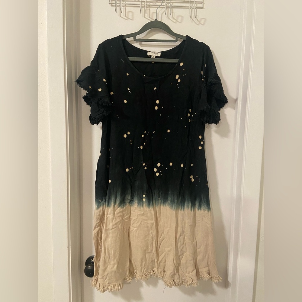 Umgee linen blend bleach dip dye frayed distressed casual T shirt dress size M - Picture 2 of 7